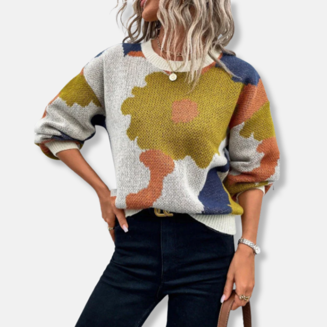 Romane Laine Sweater Relaxed Fit à Manches Ballon Sweater | Abstract Floral Sweater