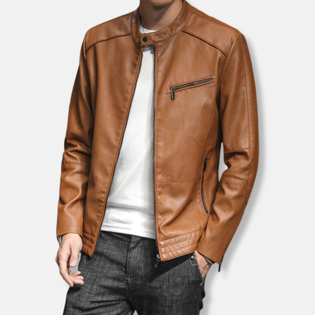 Blouson biker homme – Coupe slim – Cuir aspect lisse – Col officier – Poches zippées