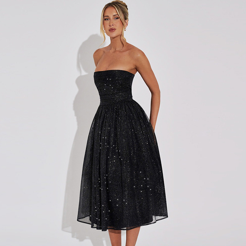 Robe de Soirée Femme - Sans Bretelles - Coupe Cintrée - Jupe Mi-Longue Brillante