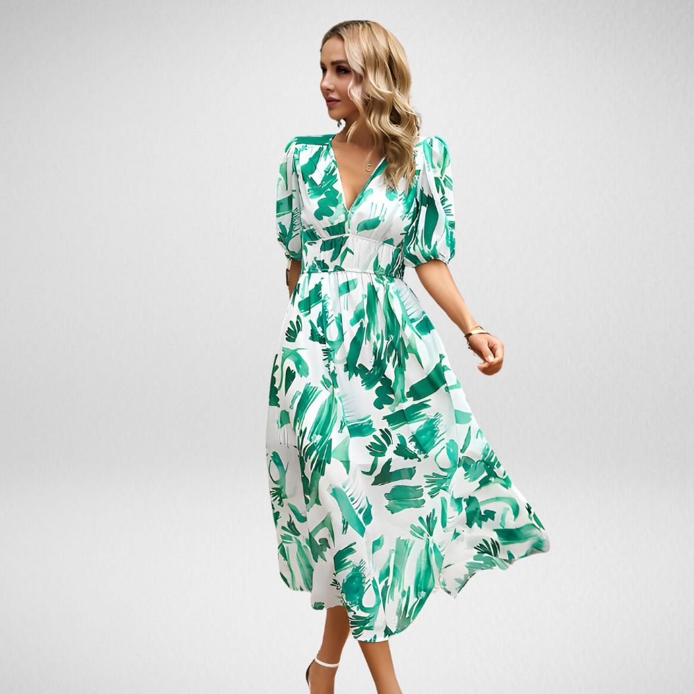 Robe Maxi Femme - Imprimé Géométrique - Manches Courtes Bouffantes - Col V - Taille Cintrée
