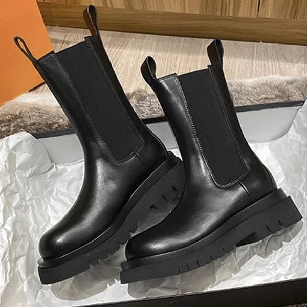Bottes Femme - Cuir Lisse - Semelle Épaisse - Style Moderne et Audacieux