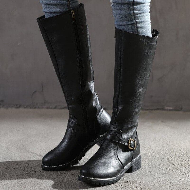 Bottes Hautes Femme - Cuir Lisse - Bout Rond - Talon Bloc Confort - Boucle Décorative