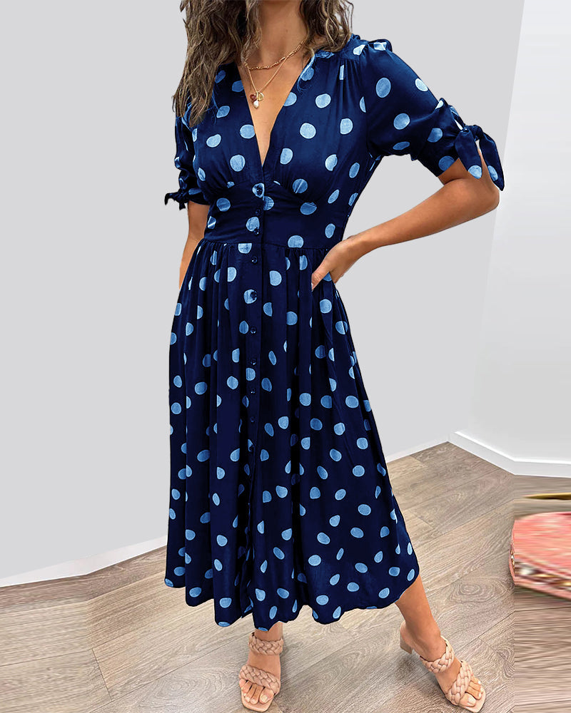 Robe Midi Femme – Coupe Évasée – Col V – Manches Courtes à Nouer – Boutonnée Devant – Motif Pois