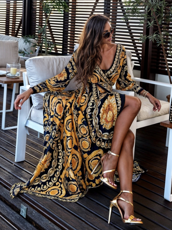 Robe longue femme – Style portefeuille – Imprimé bohème – Manches longues – Tissu fluide