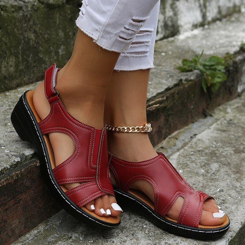 Sandales Femme - Cuir Véritable - Talon Bloc Confort - Bout Ouvert - Bride Réglable