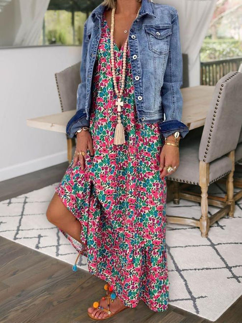 Robe Longue Femme - Coupe Fluide - Imprimé Fleuri - Décolleté V Élégant