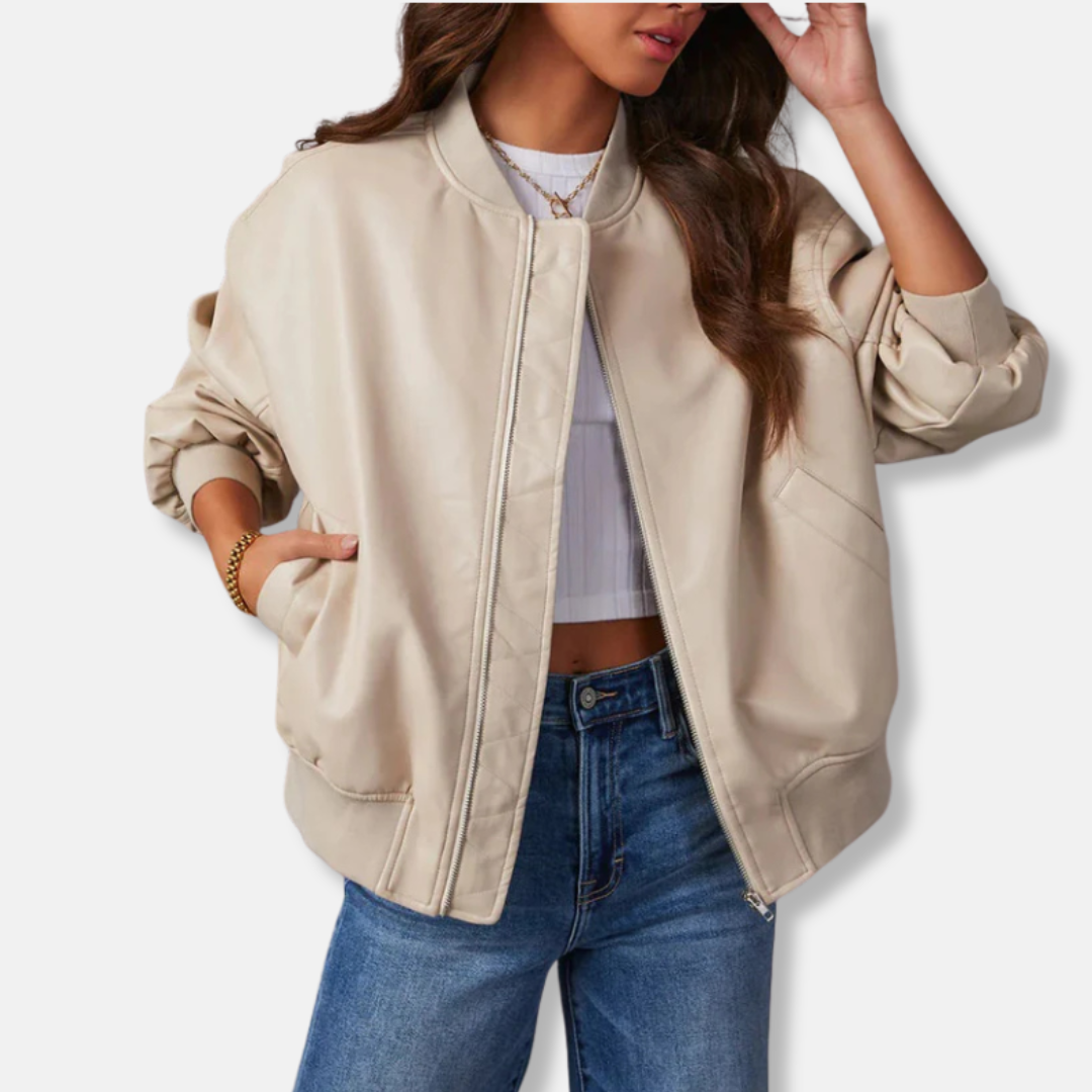 Femme Veste - Simili Cuir - Coupe Oversize - Col Montant Côtelé