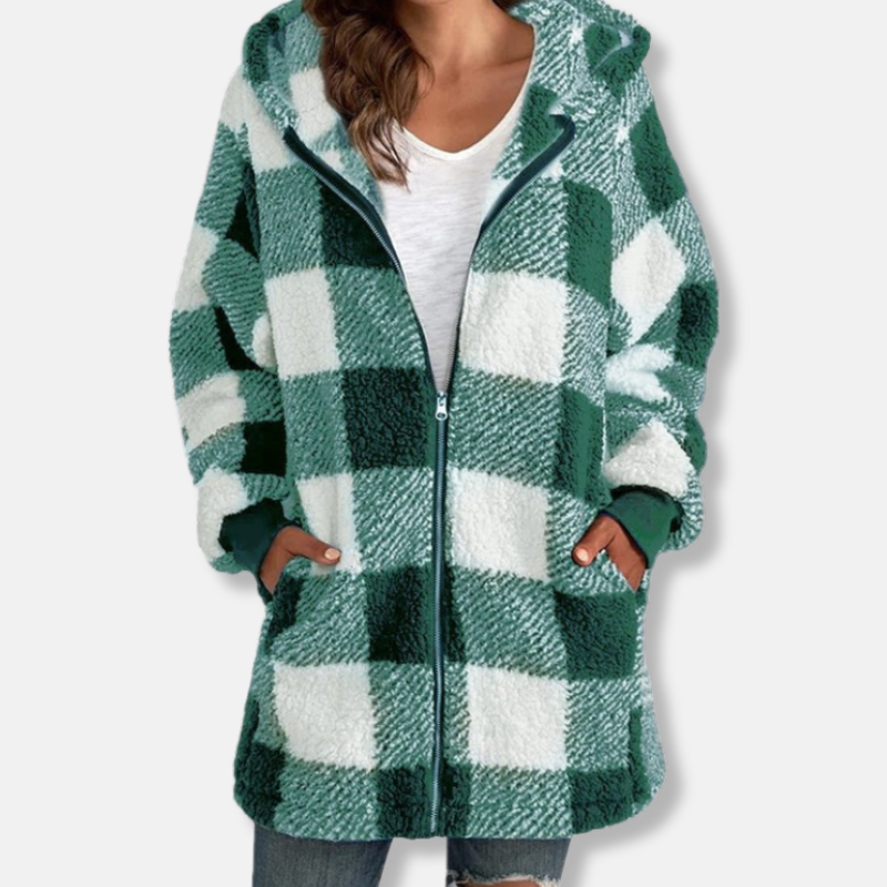 Sweat à capuche femme – Coupe oversize – Maille duveteuse – Motif à carreaux – Zippé