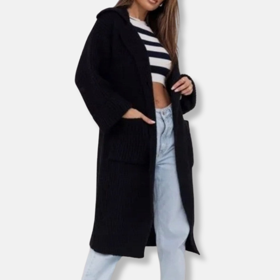 Manteau long femme – Tricot épais – Coupe oversize – Capuche – Poches avant