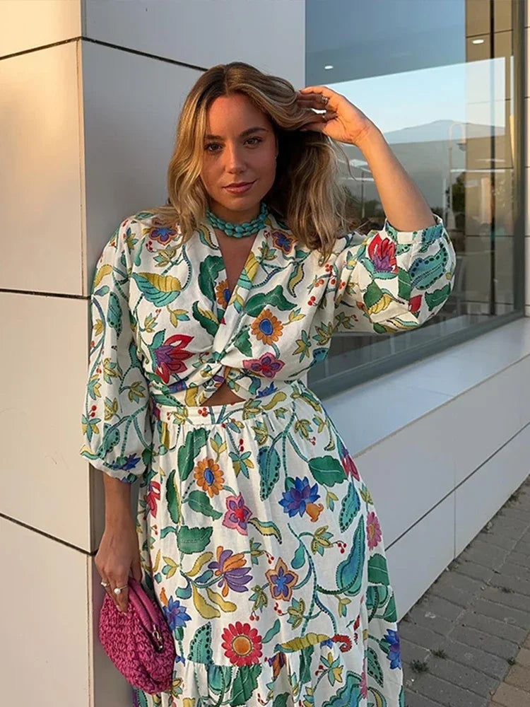 Ensemble Jupe et Top Femme - Style Cache-Cœur - Manches Longues - Motif Fleuri - Fluide
