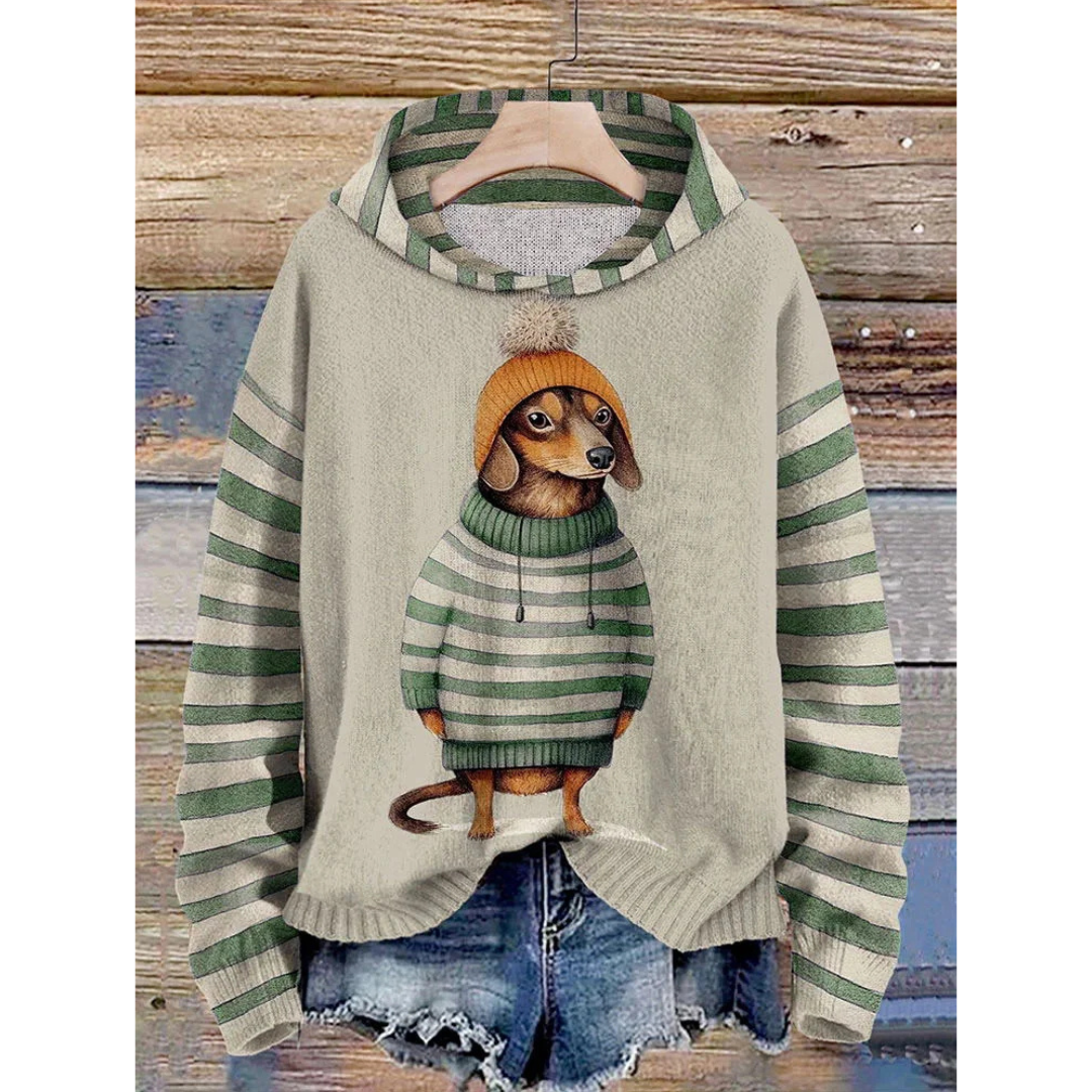 Sweat à capuche femme – Coupe décontractée – Toucher duveté – Motif chien cartoon – Manches rayées