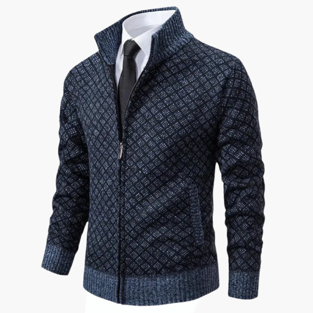 Veste zippée homme – Maille fine – Coupe ajustée – Motif losange – Col montant