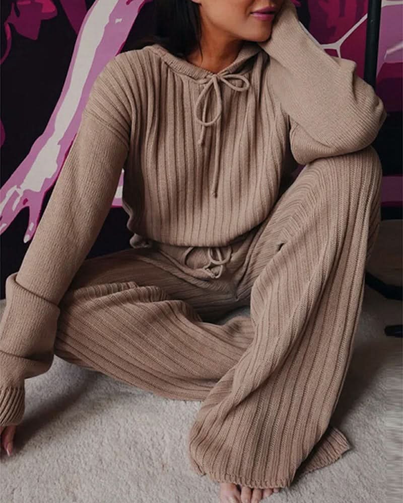 Ensemble Femme – Maille Côtelée – Confortable et Élégant – Haut Manches Longues avec Pantalon Ajusté