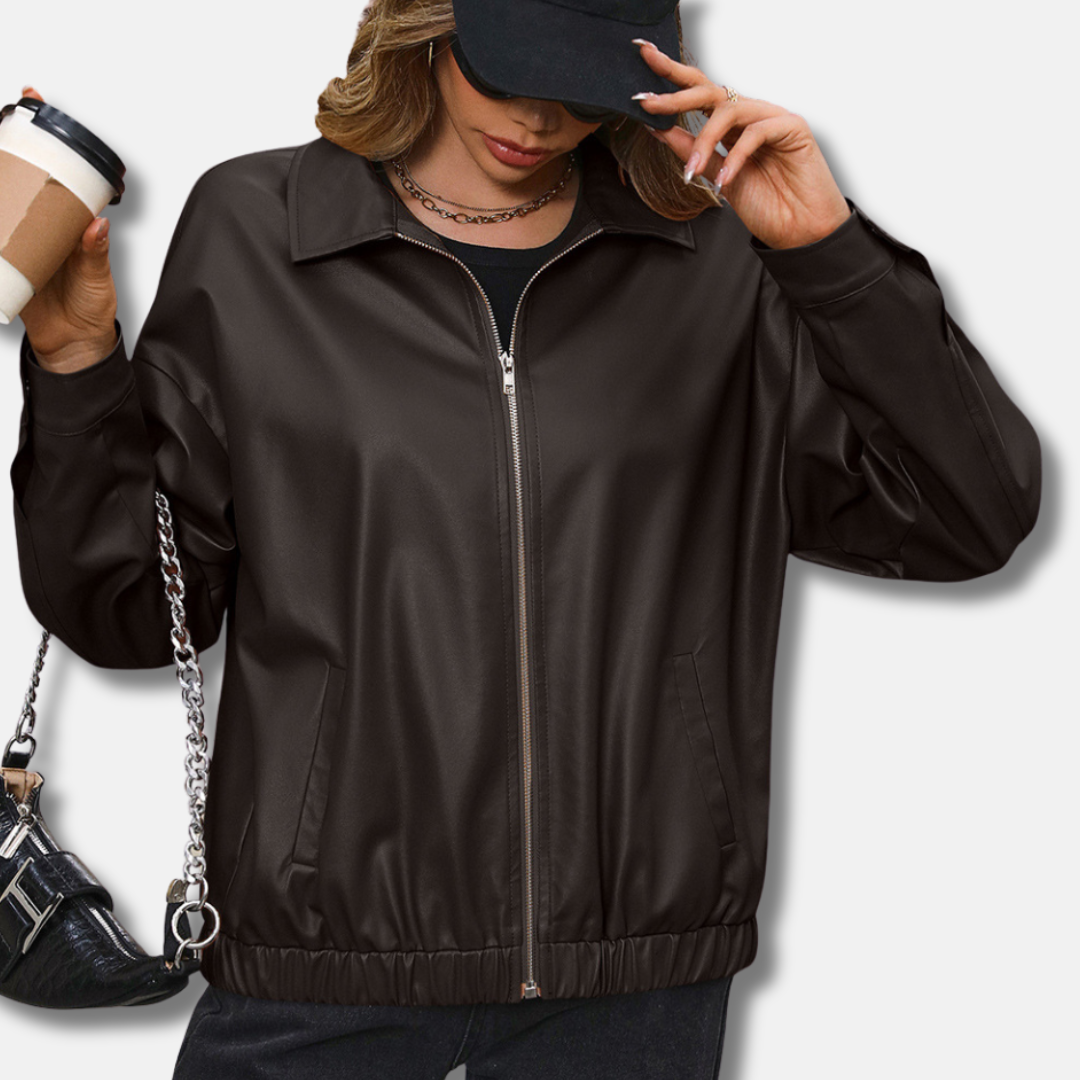 Veste motard femme – Similicuir – Coupe décontractée – Cropped – Zip frontal