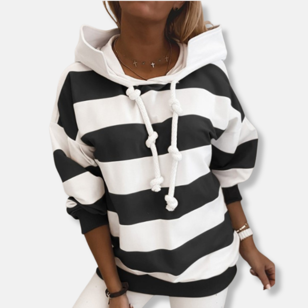 Femme Sweat à Capuche - Maille Coton - Coupe Décontractée - Manches Longues - Rayures Horizontales