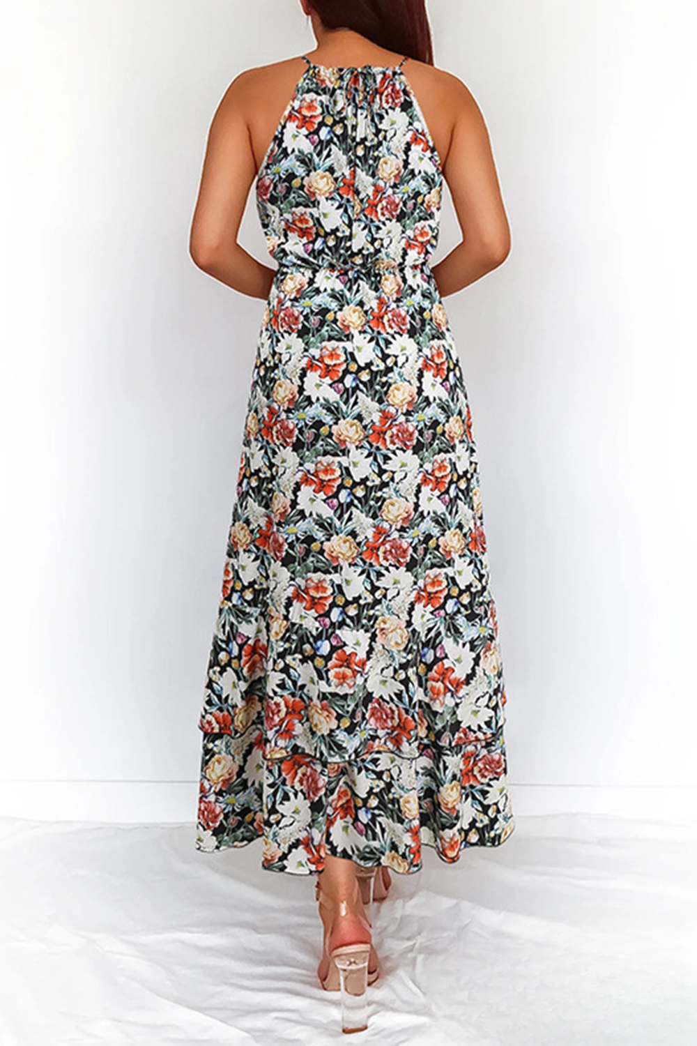 Robe Longue Femme - Col Halter Élégant - Taille Cintrée - Motif Fleuri Fluide