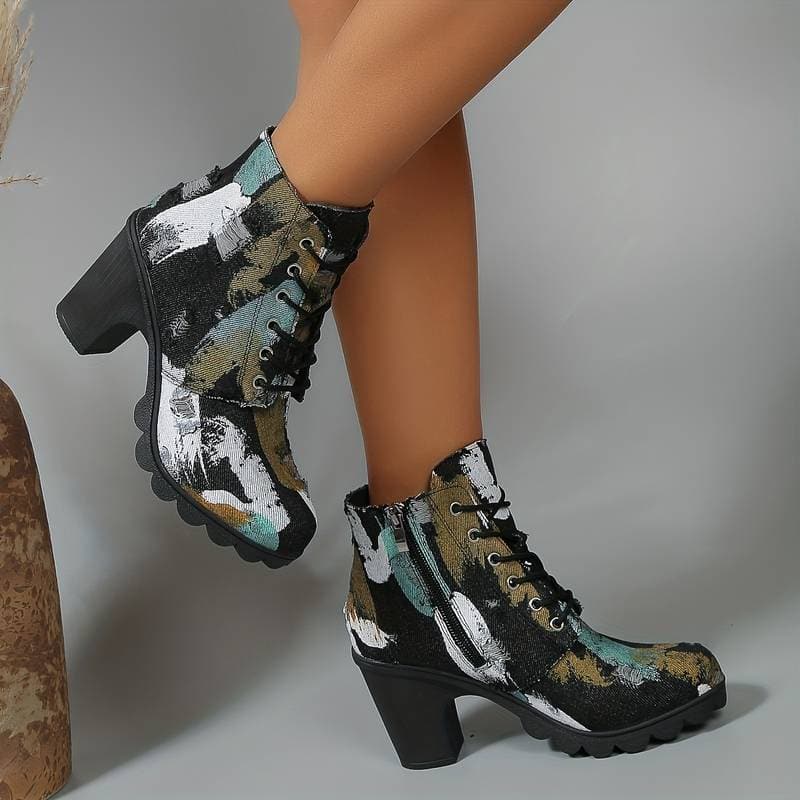 Bottines Femme - Talon Bloc - Lacets & Zip Côté - Motif Artistique Tendance
