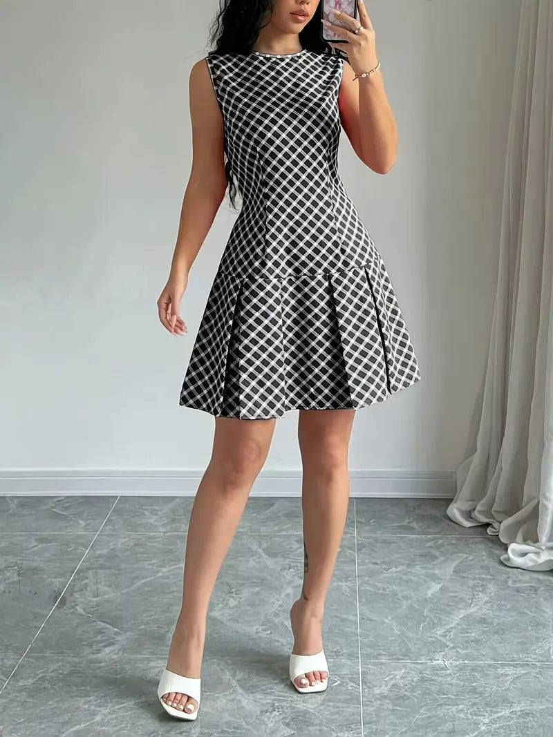 Robe Femme Sans Manches - Coupe Cintrée - Motif Carreaux - Jupe Évasée