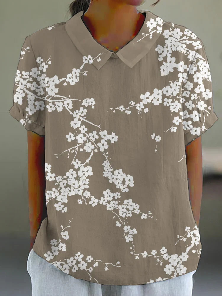 Blouse Femme - Imprimé Fleuri - Coupe Ample - Manches Courtes - Col Classique