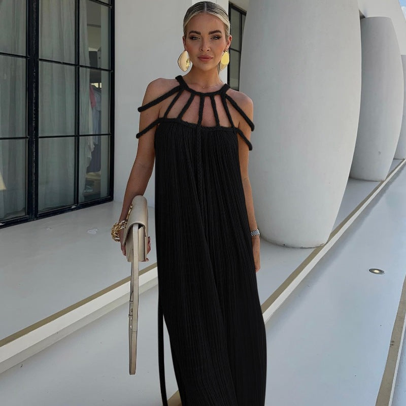 Robe Maxi Femme - Décolleté Halter - Plissée Élégante - Coupe Ample et Fluide