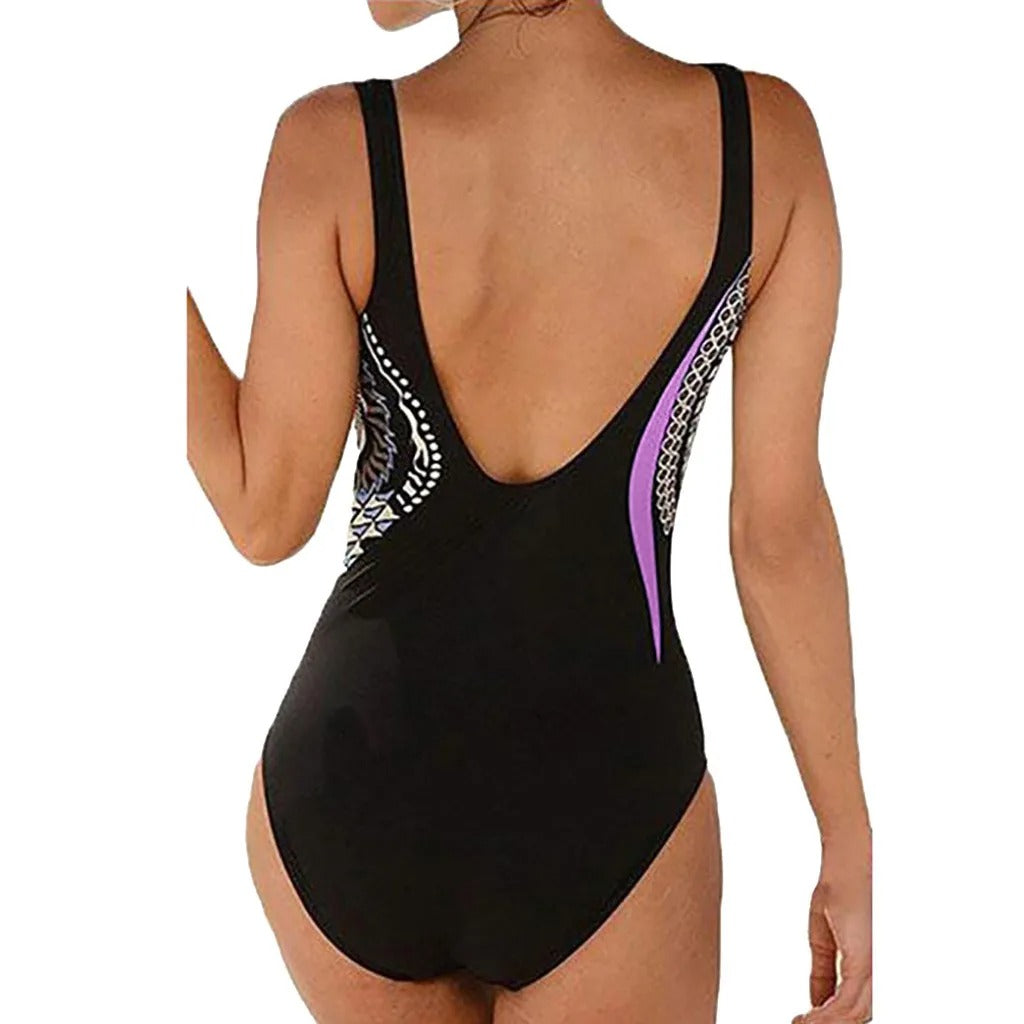 Maillot de Bain 1 Pièce Femme – Imprimé Graphique – Coupe Ajustée – Jambes Échancrées