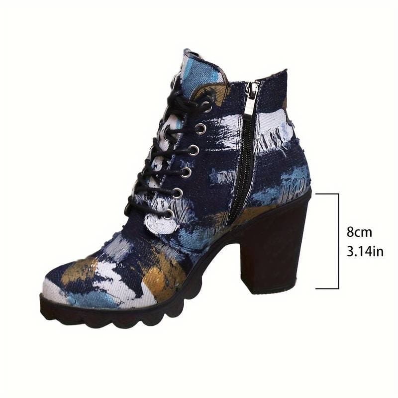 Bottines Femme - Talon Bloc - Lacets & Zip Côté - Motif Artistique Tendance