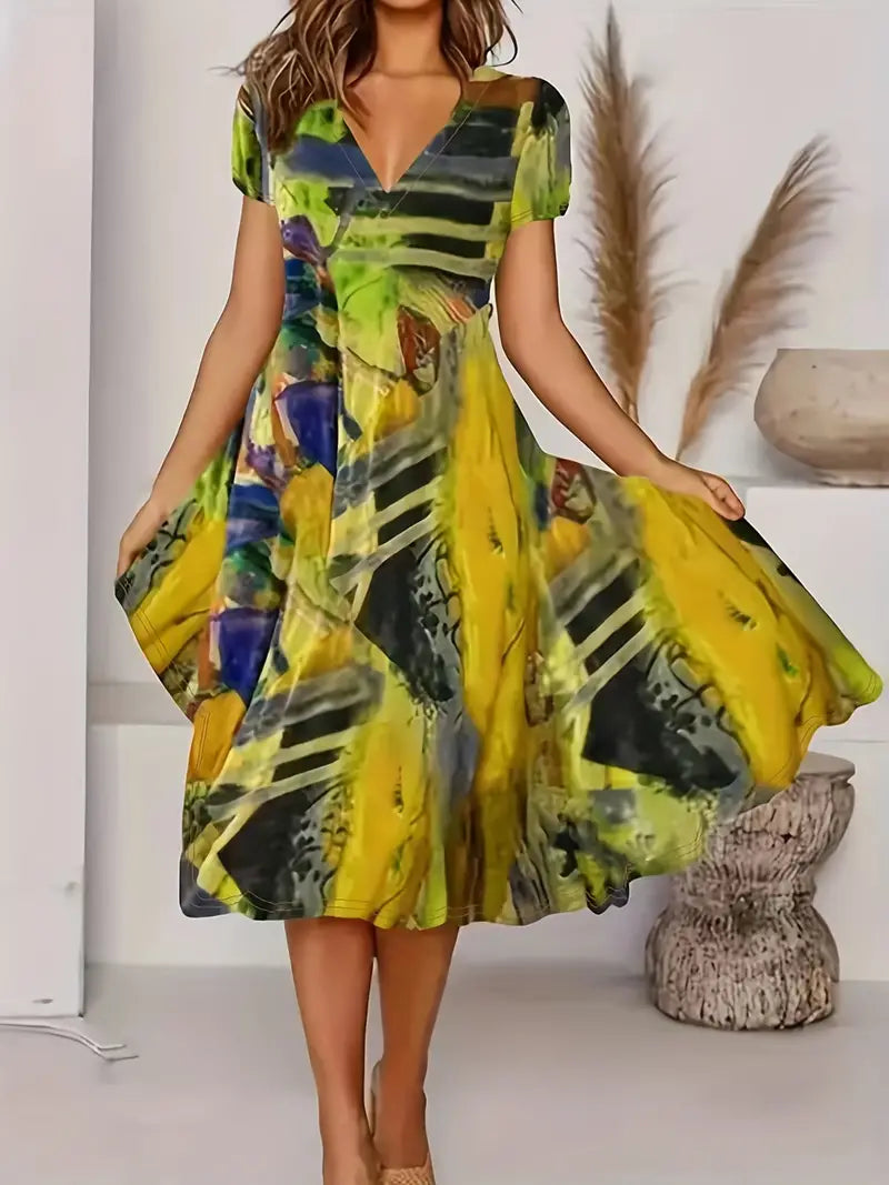 Robe Midi Femme - Imprimé Abstrait - Manches Courtes - Col V - Fluide et Élégante