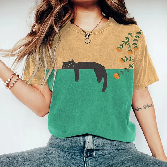 T-shirt Femme - Coupe Classique - Col Rond - Motif Graphique Chat Décontracté