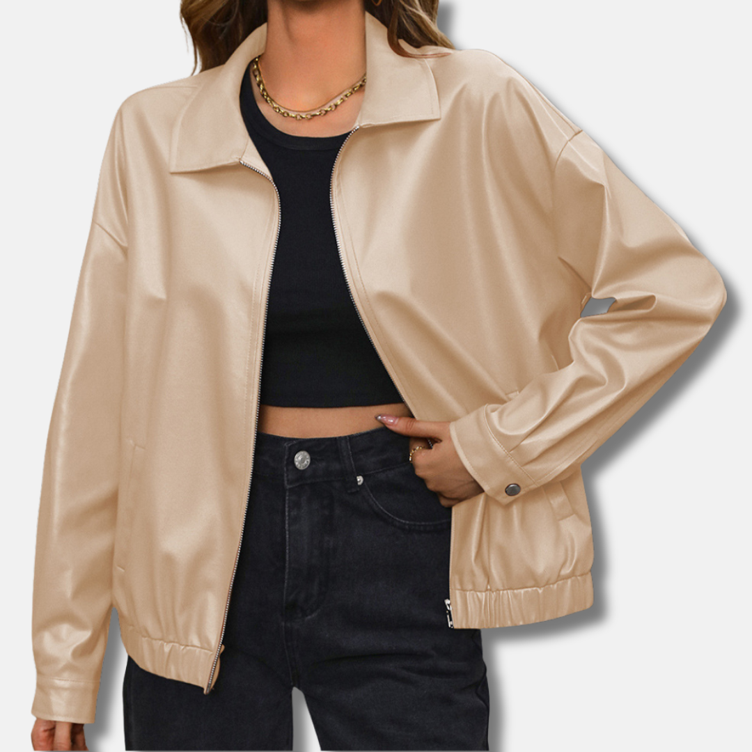 Veste motard femme – Similicuir – Coupe décontractée – Cropped – Zip frontal