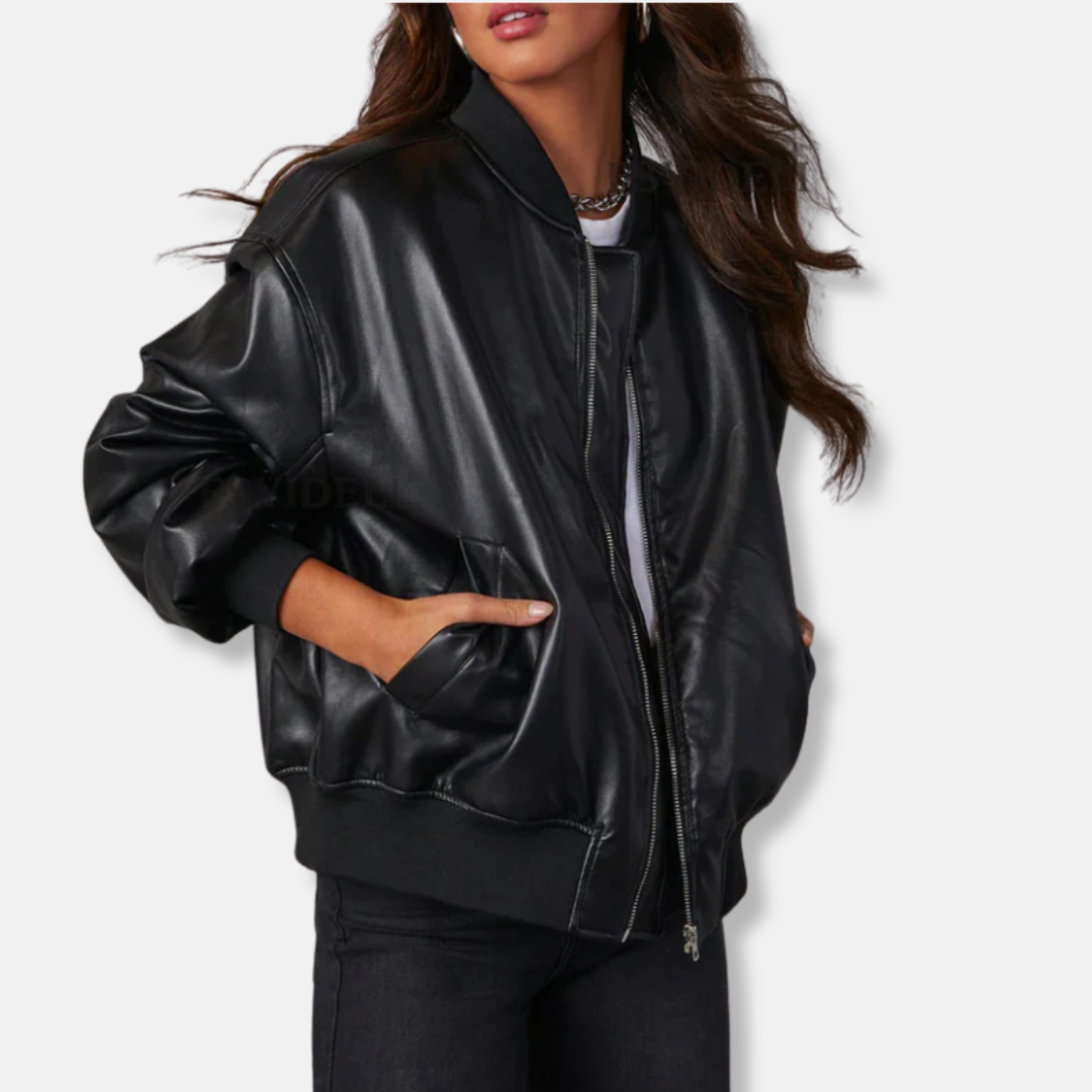 Femme Veste - Simili Cuir - Coupe Oversize - Col Montant Côtelé