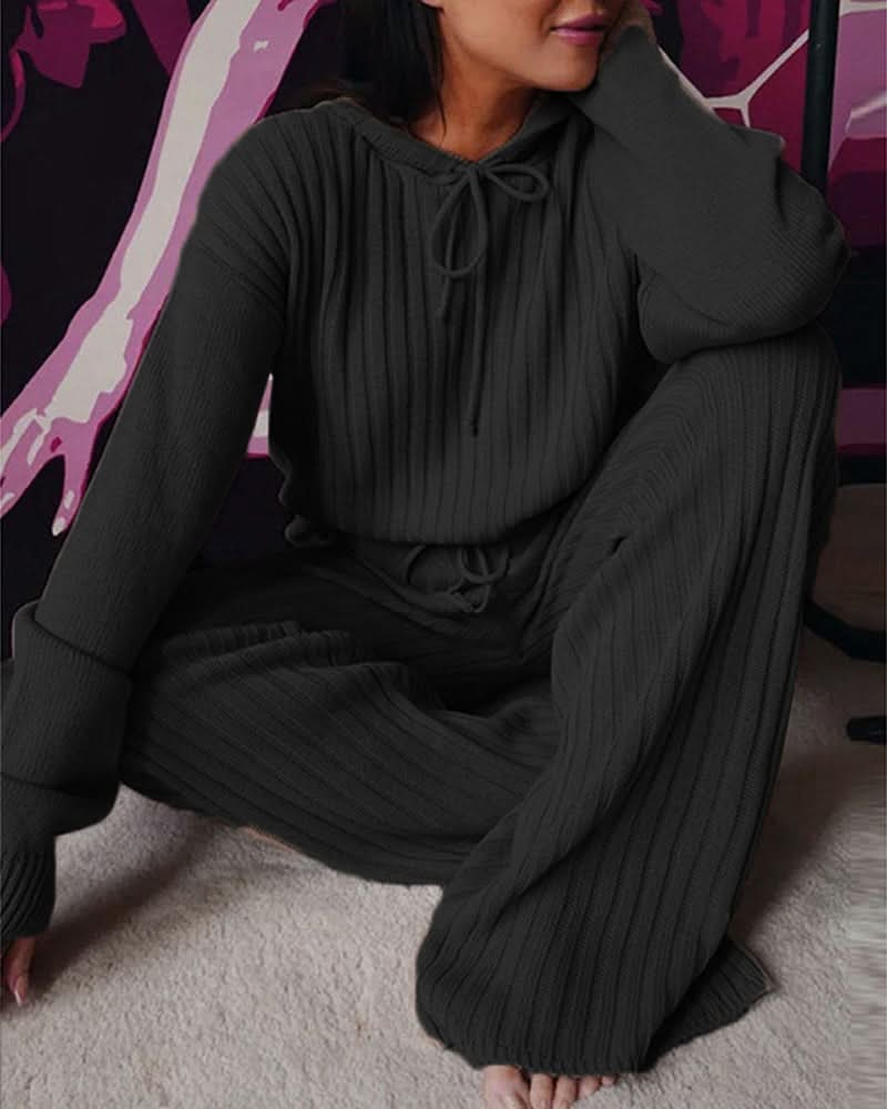 Ensemble Femme – Maille Côtelée – Confortable et Élégant – Haut Manches Longues avec Pantalon Ajusté