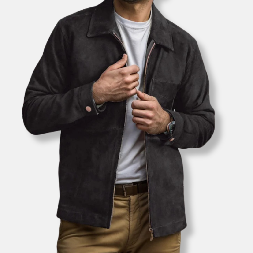 Veste homme – Coupe slim – Suédine – Col montant – Fermeture zippée – Style décontracté