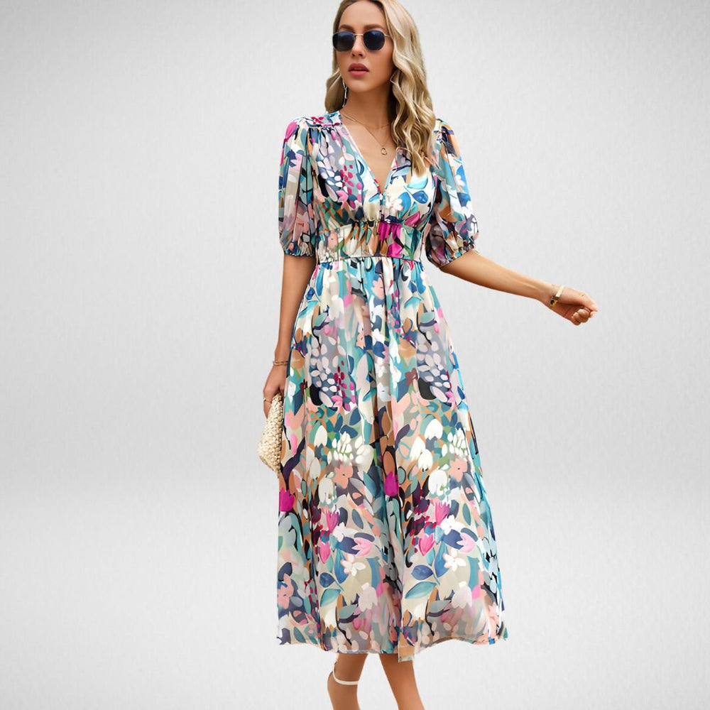 Robe Maxi Femme - Imprimé Géométrique - Manches Courtes Bouffantes - Col V - Taille Cintrée
