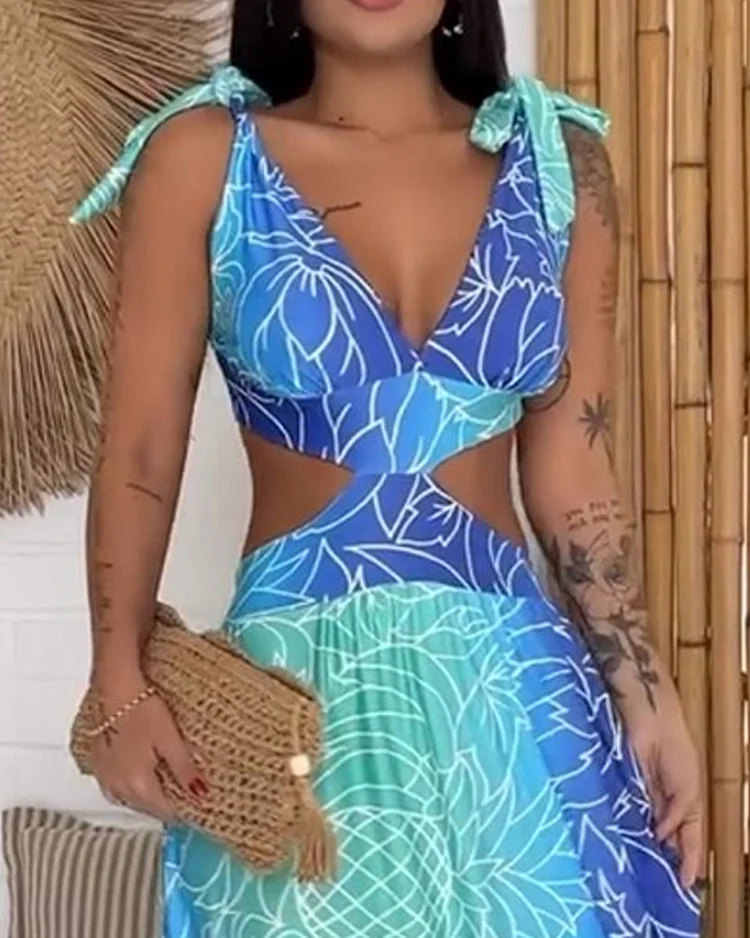 Robe Maxi Femme - Dos Ouvert - Bretelles à Nouer - Décolleté Plongeant - Tissu Léger