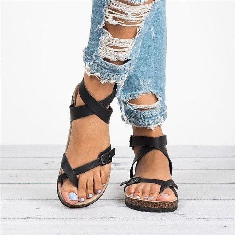 Sandales Femme - Semelle Confort Liège - Brides Multiples avec Boucle - Style Décontracté