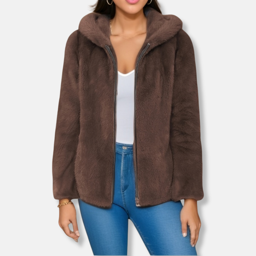 Veste zippée femme – Fausse fourrure – Doublée sherpa – Coupe ample – Capuche