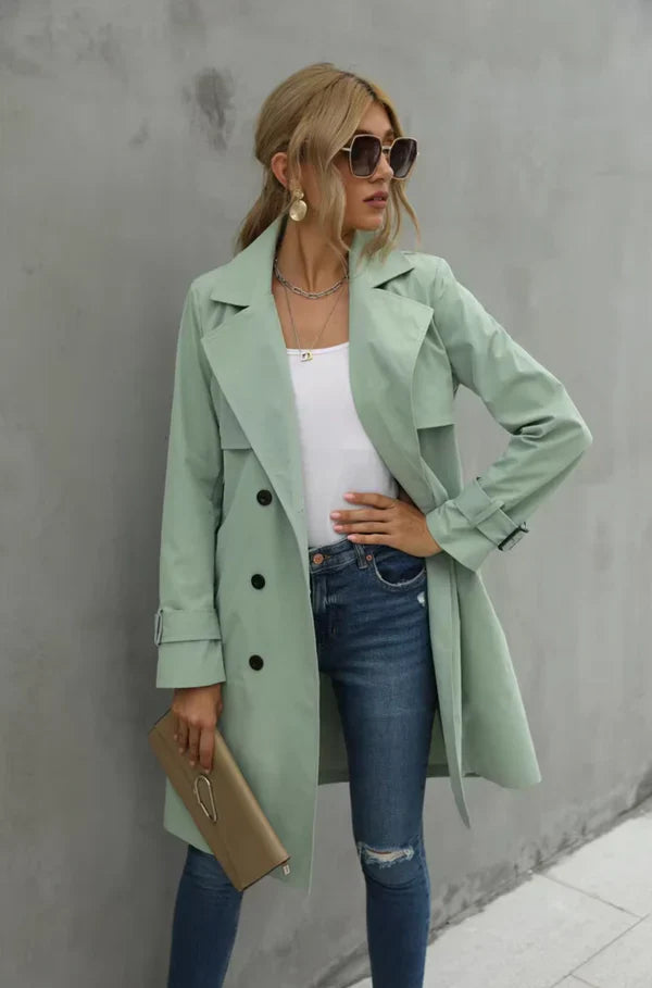 Manteau trench femme – Coupe classique – Double boutonnage – Col tailleur – Mi-long