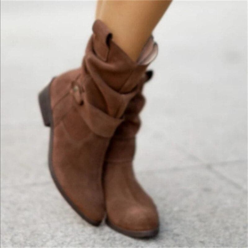 Bottes Femme - Daim Élégant - Coupe Ample - Lanières et Boucles Déco - Confort Quotidien