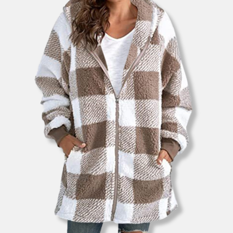 Sweat à capuche femme – Coupe oversize – Maille duveteuse – Motif à carreaux – Zippé