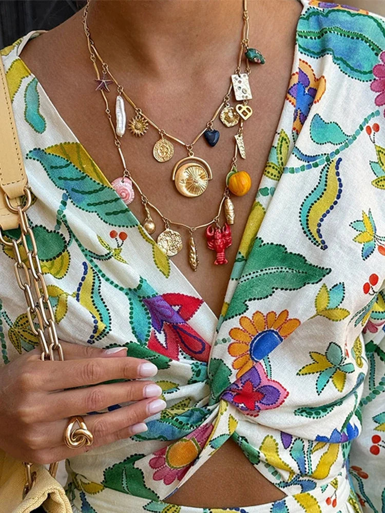 Ensemble Jupe et Top Femme - Style Cache-Cœur - Manches Longues - Motif Fleuri - Fluide