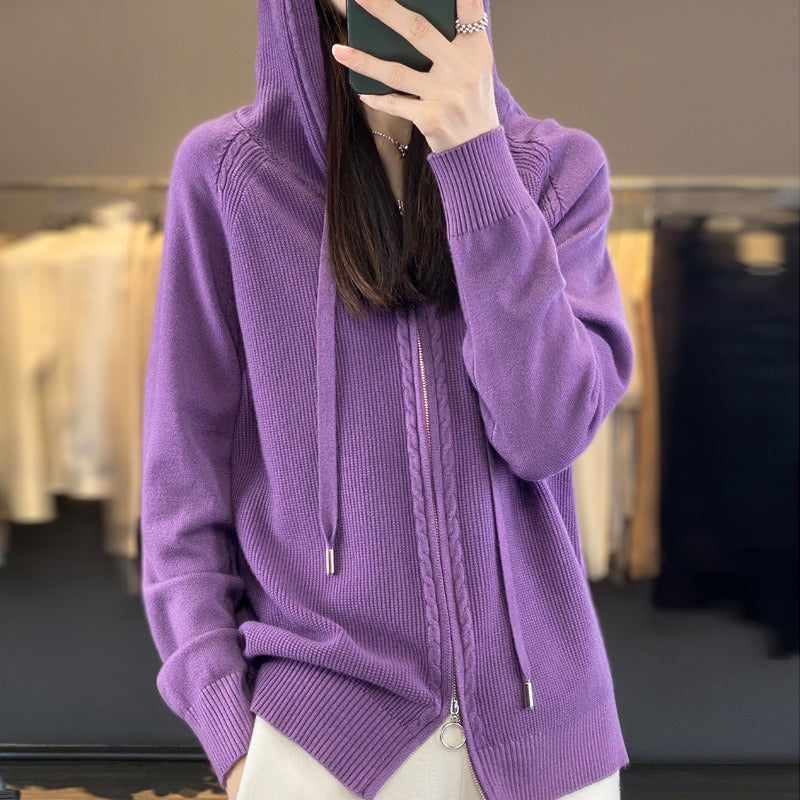 Sweat à capuche femme zippé – Coupe décontractée – Maille douce – Côtes et torsades