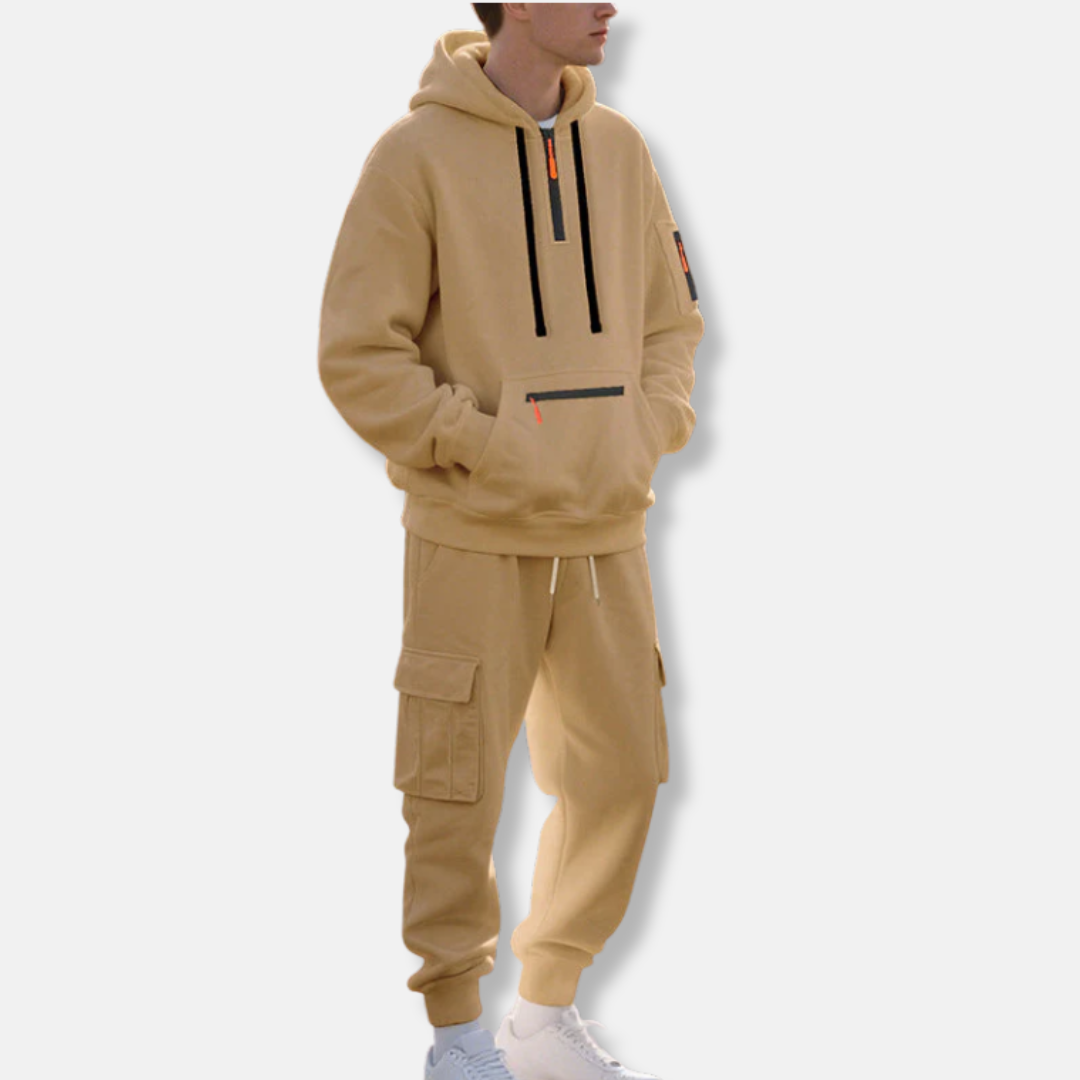 Survêtement homme – Hoodie ample demi-zip et joggers cargo à taille réglable