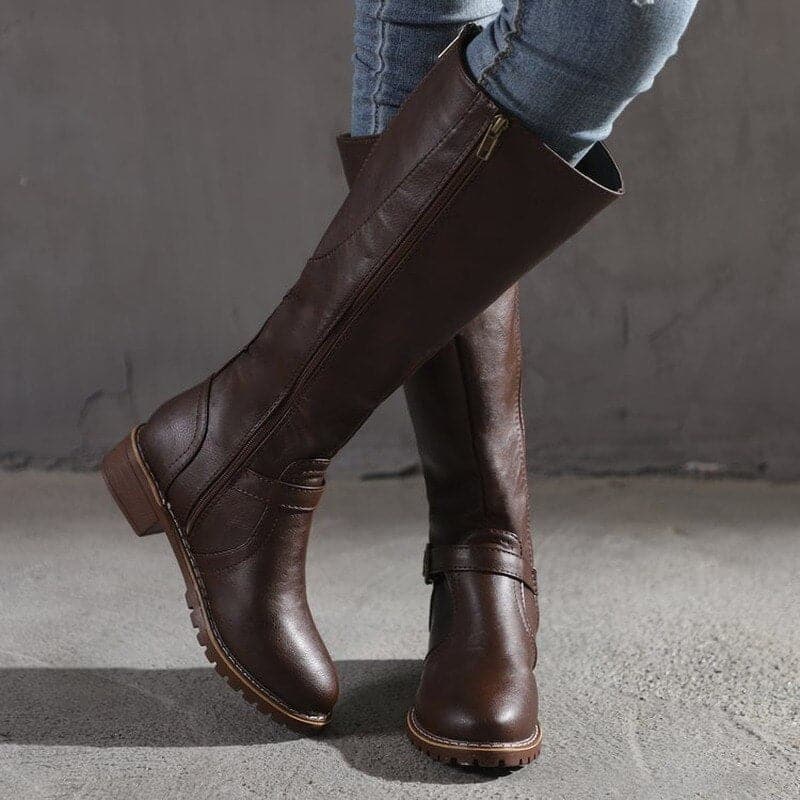 Bottes Hautes Femme - Cuir Lisse - Bout Rond - Talon Bloc Confort - Boucle Décorative