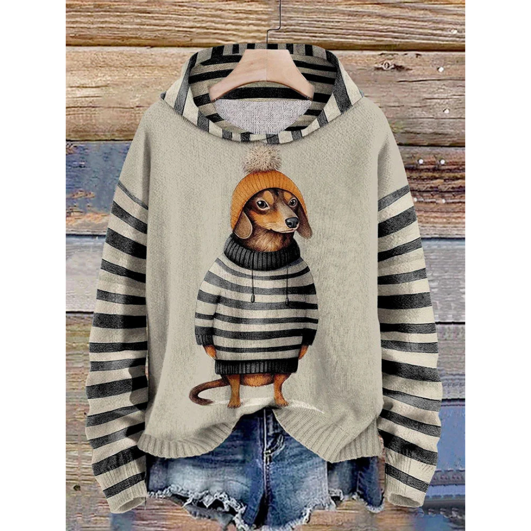 Sweat à capuche femme – Coupe décontractée – Toucher duveté – Motif chien cartoon – Manches rayées