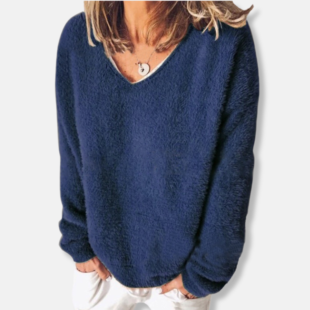 Femme Sweatshirt - Maille Pelucheuse - Coupe Décontractée - Col V - Manches Longues