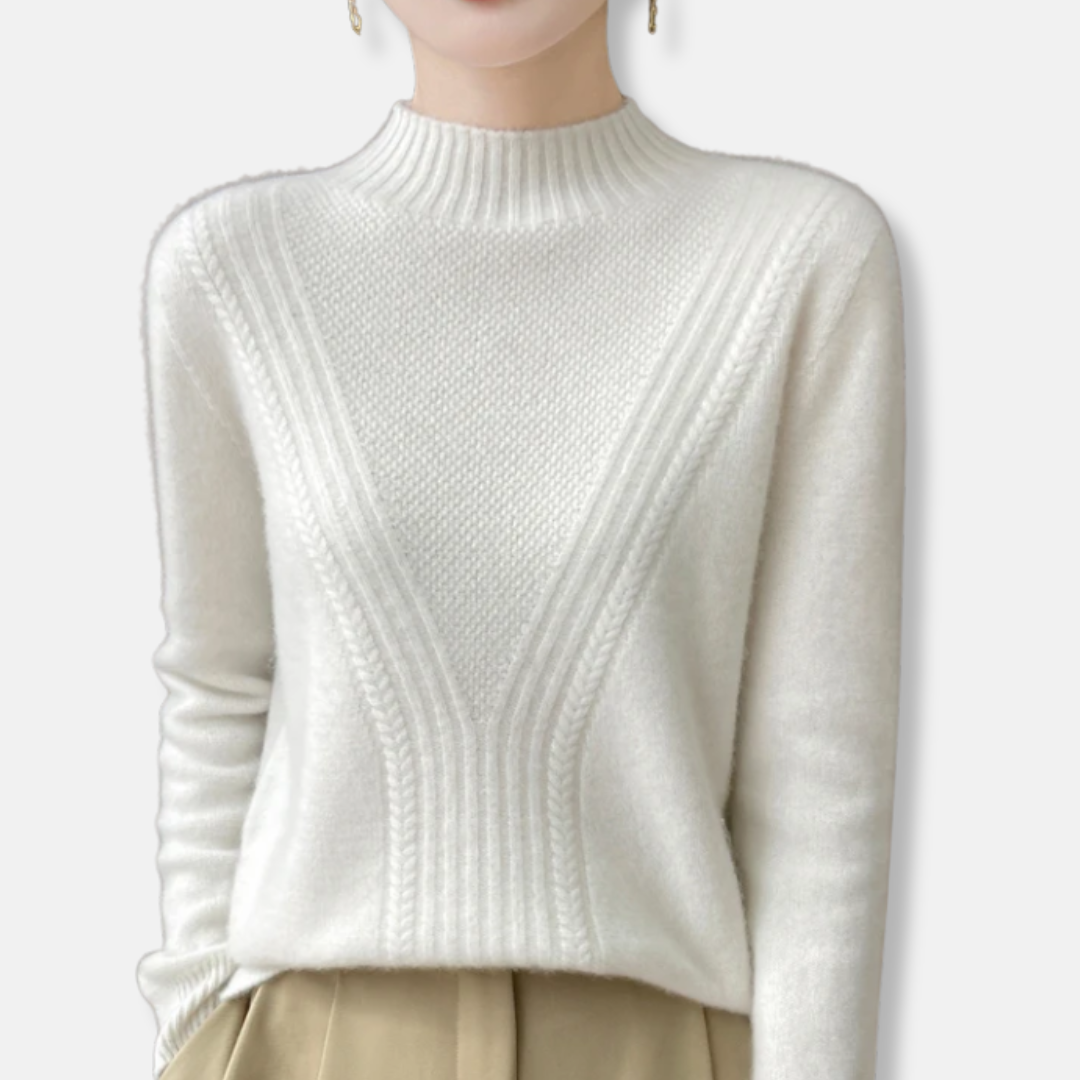 Pull femme – Laine – Coupe décontractée – Col montant – Maille côtelée