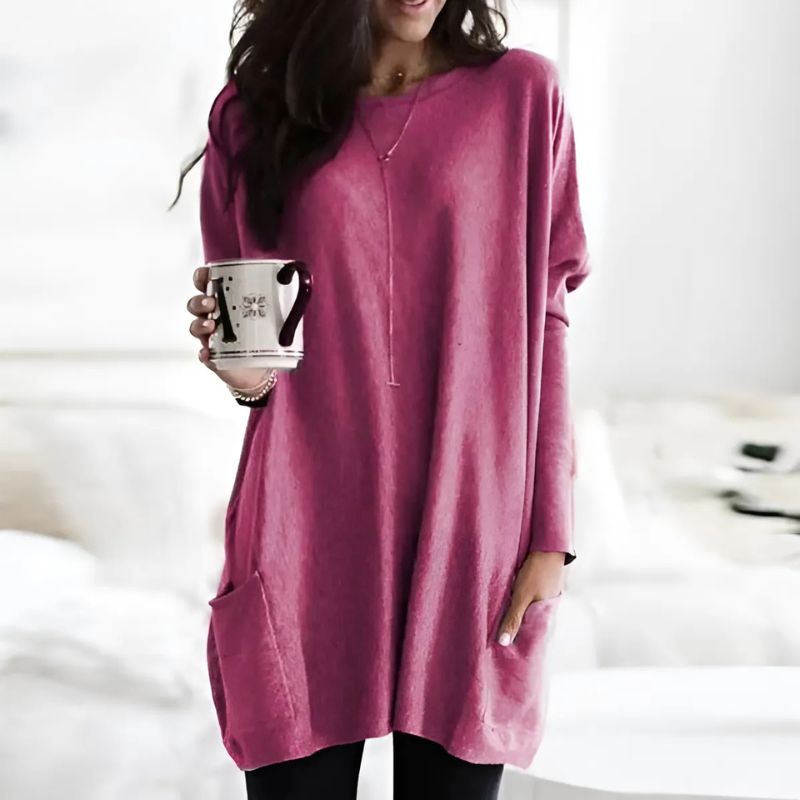 Femme Tunique - Maille légère - Coupe ample - Col rond large - Manches longues