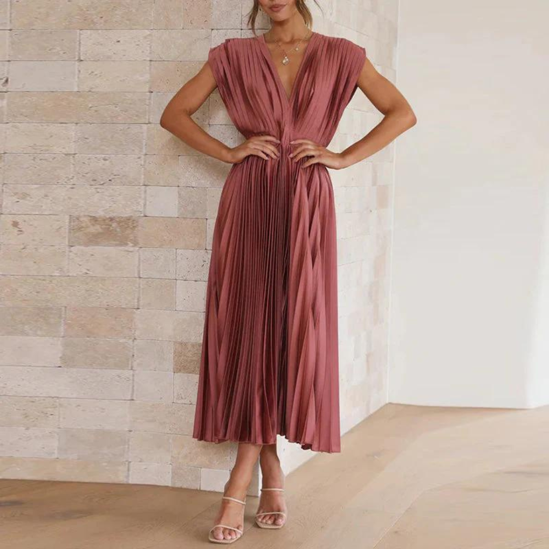 Robe midi femme – Coupe évasée – Tissu luxueux – Col en V – Plissée élégante