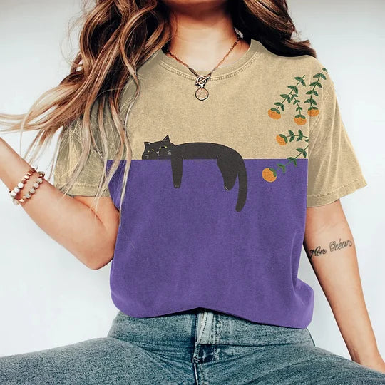 T-shirt Femme - Coupe Classique - Col Rond - Motif Graphique Chat Décontracté