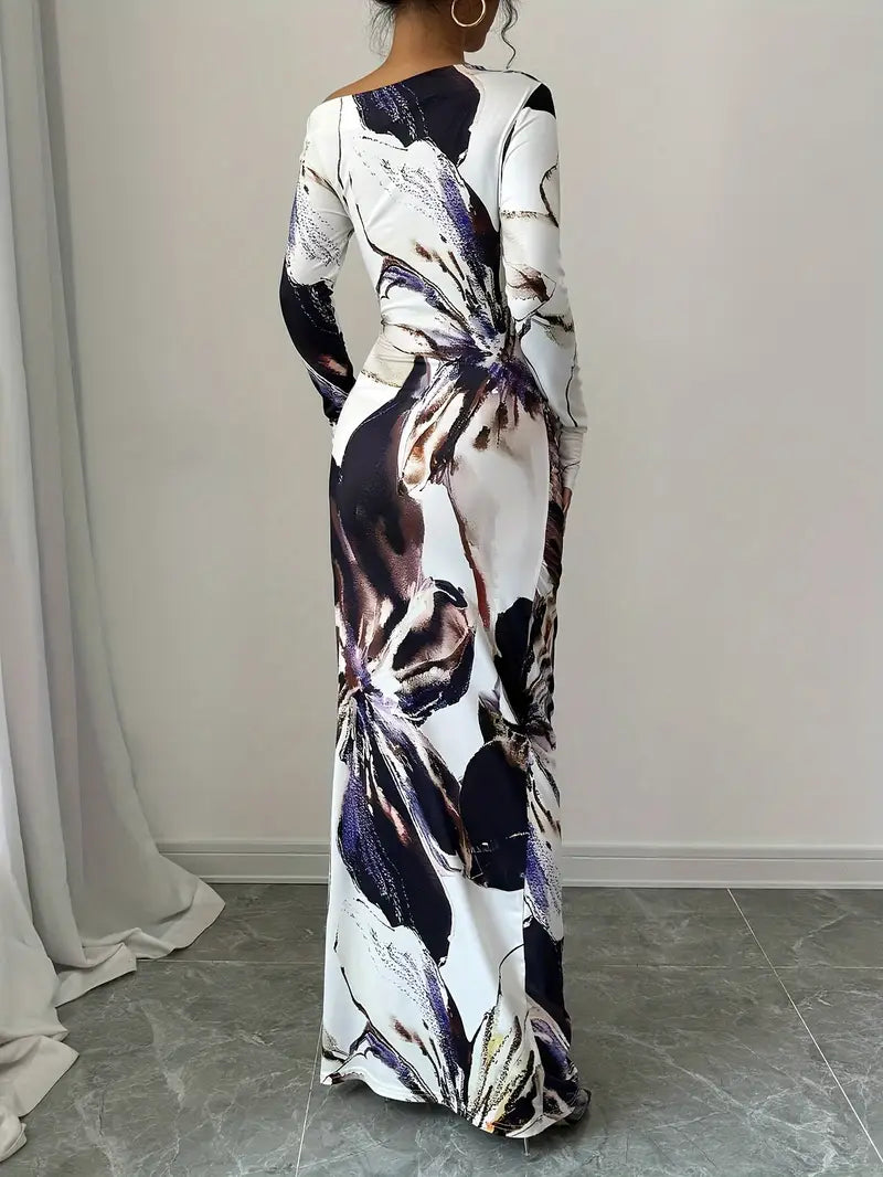 Robe Maxi Femme – Épaules Dénudées – Manches Longues – Coupe Ajustée – Imprimé Tendance
